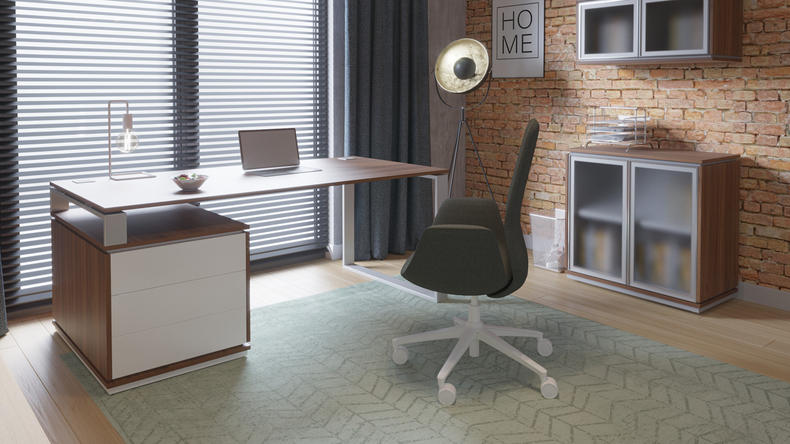 Minimalistyczne stanowisko pracy w domu wyposażone w jasne biurko na komodzie, kubełkowy fotel i szafę ze szklanym frontem.